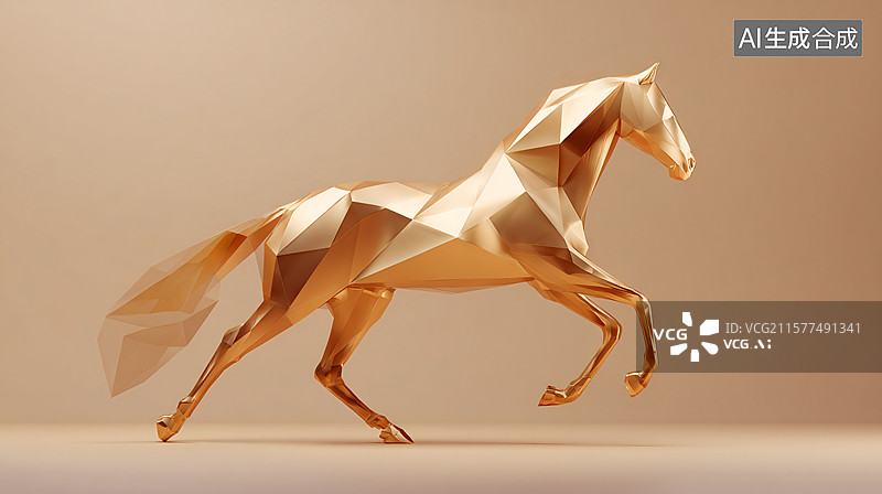 【AI数字艺术】金色几何折纸马雕塑图片素材