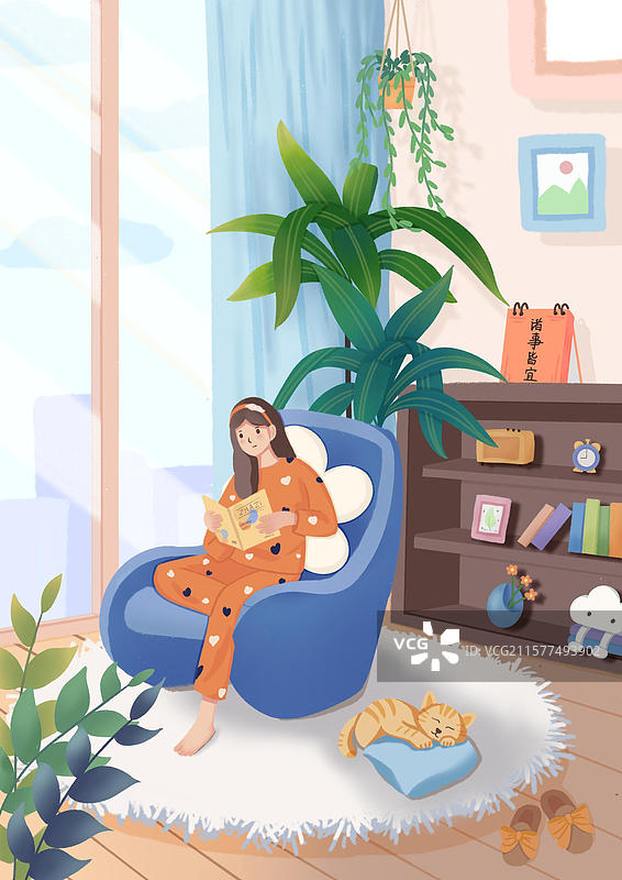 商业插画创意海报设计扁平风手绘治愈系小清新室内女孩坐在落地窗旁边的单人沙发椅上看书图片素材