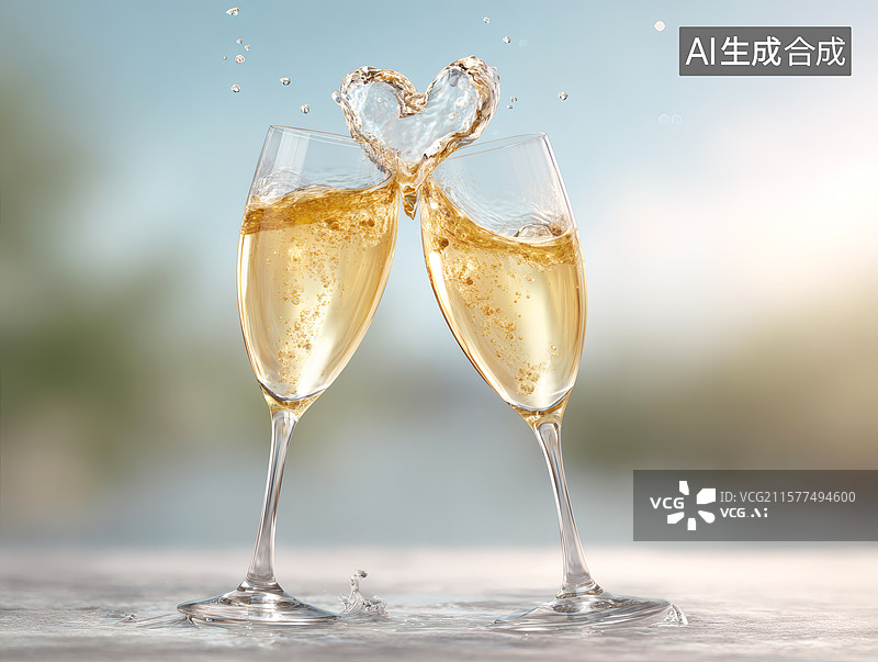 【AI数字艺术】相碰的酒杯形成爱心形状的酒花图片素材