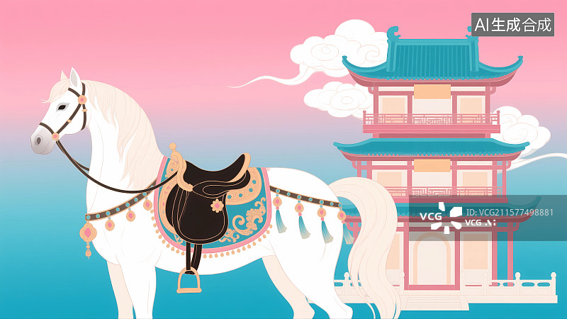 【AI数字艺术】中国风白马和阁楼插画图片素材
