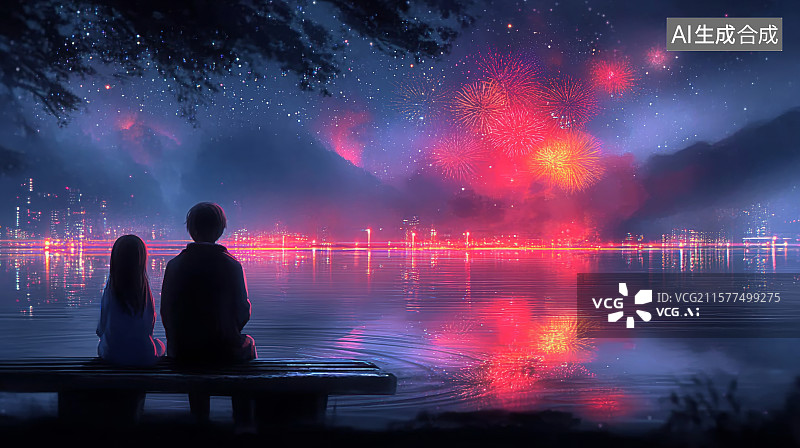 【AI数字艺术】一对情侣在沙盘看烟花表演图片素材