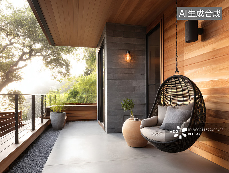 【AI数字艺术】现代木质阳台休闲区图片素材