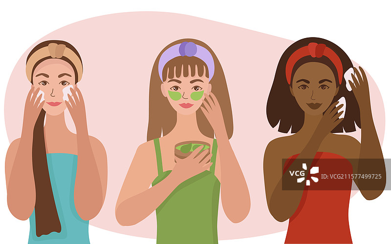 女朋友们在家做自我护理面膜和护发。图片素材