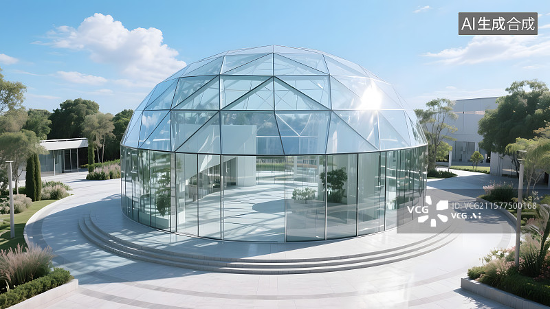 【AI数字艺术】圆形玻璃展厅户外广场空间图片素材