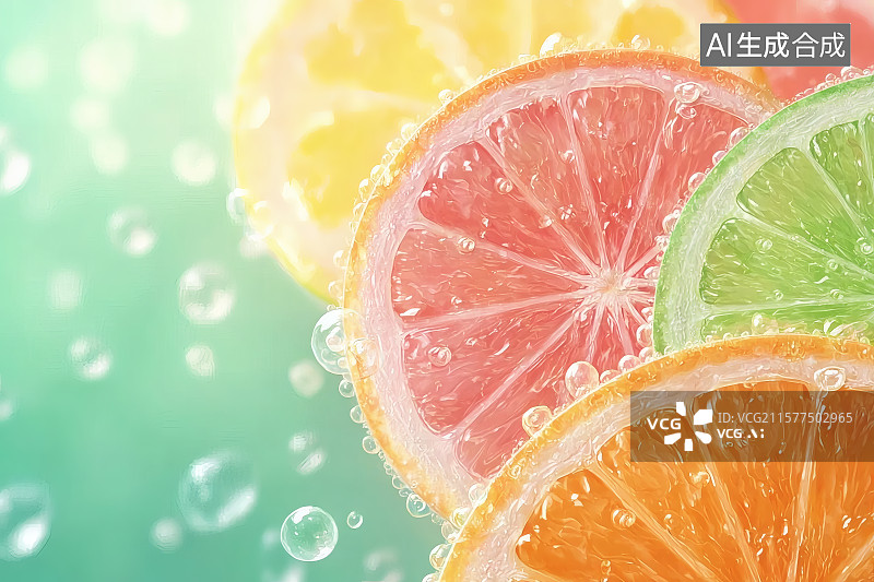 【AI数字艺术】清凉夏日，切片的柠檬，橙子味汽水图片素材