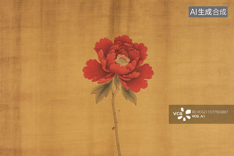 【AI数字艺术】简约国风棕黄布面背景红牡丹花图图片素材