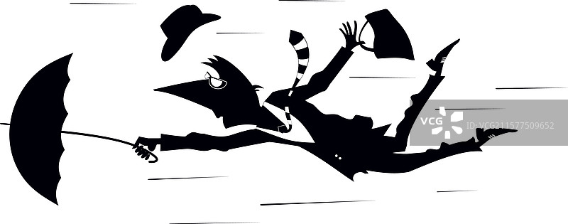 风大的日子，男人用伞飞翔图片素材