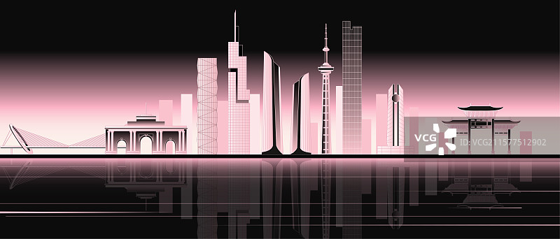 南京粉黑地标建筑城市天际线新中式图片素材