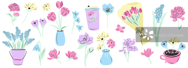 五彩缤纷的手绘春季花卉套装图片素材