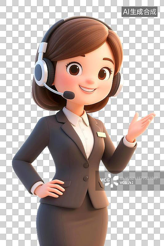 【AI数字艺术】3D立体三维C4D一个女人女性戴着耳机耳麦沟通交流，客服，客户服务代表，卡通形象设计元素图片素材