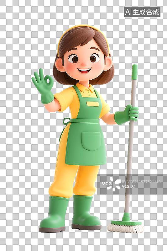 【AI数字艺术】3D立体三维C4D一个穿着围裙戴手套的女人家政清洁工清洗打扫卫生家务家庭主妇卡通形象设计元素图片素材