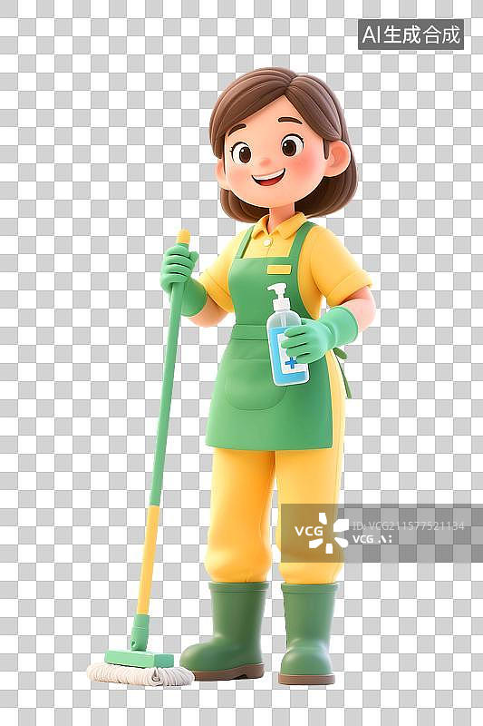 【AI数字艺术】3D立体三维C4D一个穿着围裙戴手套的女人家政清洁工清洗打扫卫生家务家庭主妇卡通形象设计元素图片素材