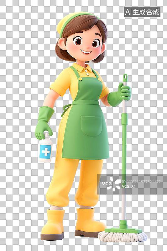 【AI数字艺术】3D立体三维C4D一个穿着围裙戴手套的女人家政清洁工清洗打扫卫生家务家庭主妇卡通形象设计元素图片素材