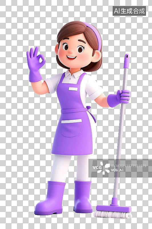 【AI数字艺术】3D立体三维C4D一个穿着围裙戴手套的女人家政清洁工清洗打扫卫生家务家庭主妇卡通形象设计元素图片素材