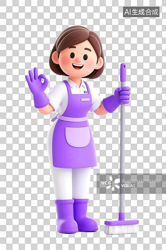 【AI数字艺术】3D立体三维C4D一个穿着围裙戴手套的女人家政清洁工清洗打扫卫生家务家庭主妇卡通形象设计元素图片素材