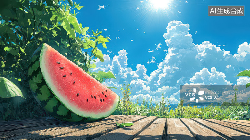【AI数字艺术】夏日木板西瓜切片清凉图图片素材