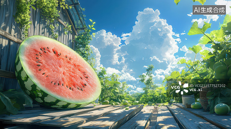 【AI数字艺术】夏日木板西瓜切片清凉图图片素材
