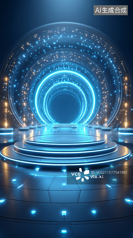【AI数字艺术】霓虹光环与阶梯的未来科技场景图片素材