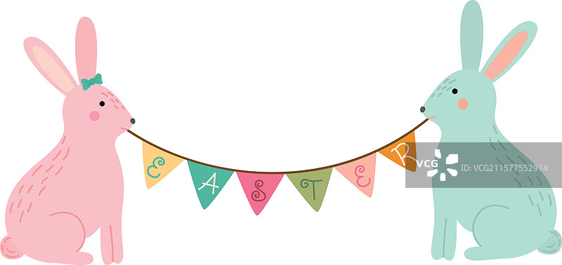 可爱的复活节兔子手持旗帜花环图片素材
