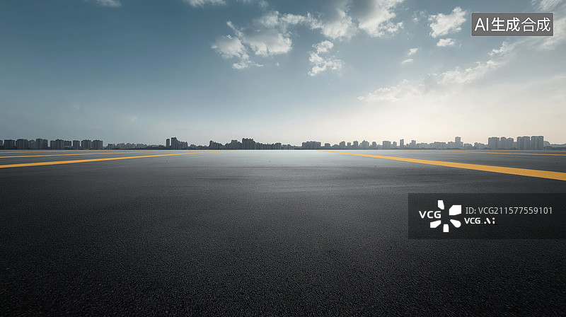 【AI数字艺术】宽阔机场跑道与城市天际线图片素材