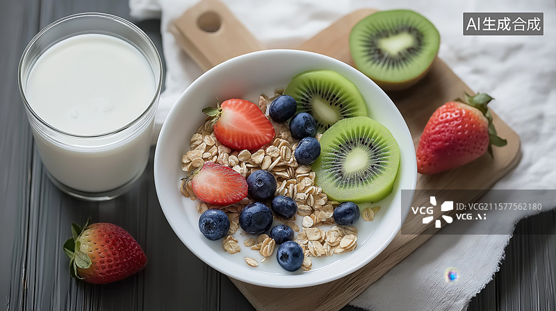 【AI数字艺术】燕麦水果早餐搭配牛奶图片素材