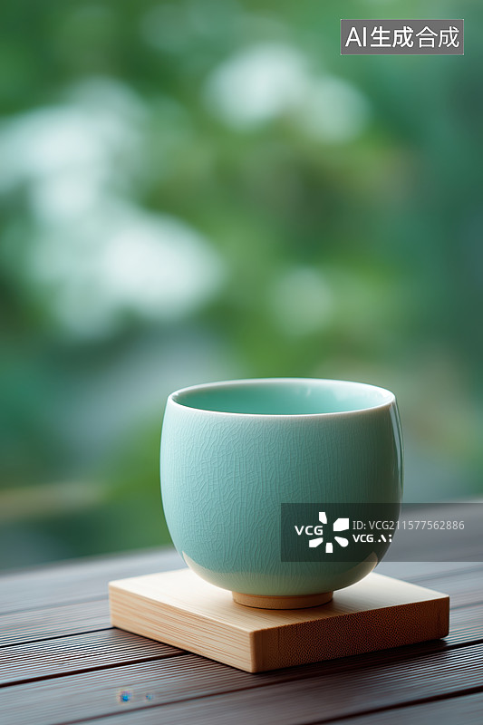 【AI数字艺术】青瓷茶杯置于木质托盘上图片素材
