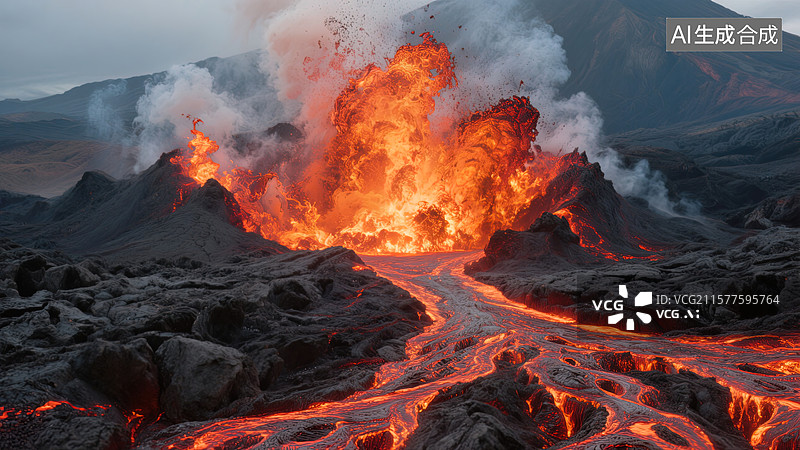 【AI数字艺术】火山喷发的壮丽景象图片素材