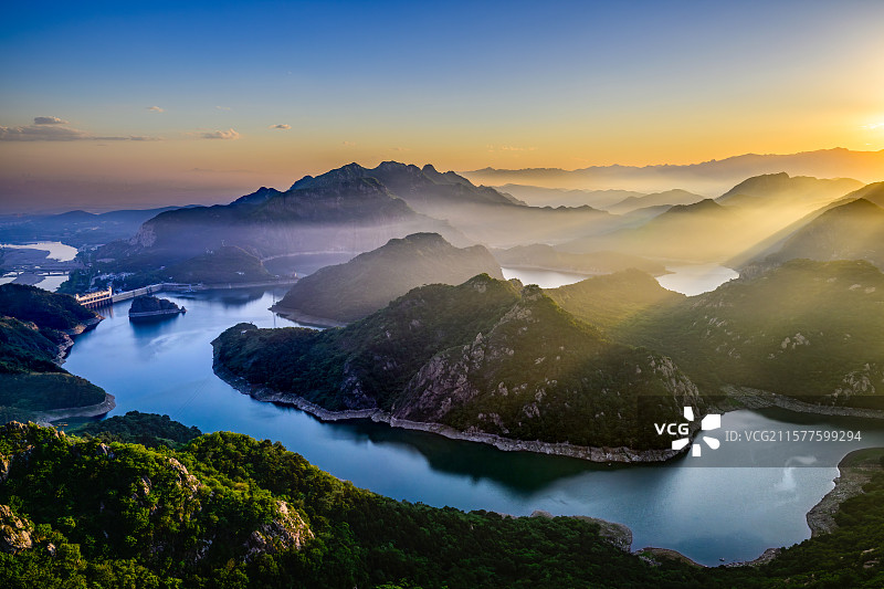 河北秦皇岛山海关角山燕塞湖景区日落图片素材
