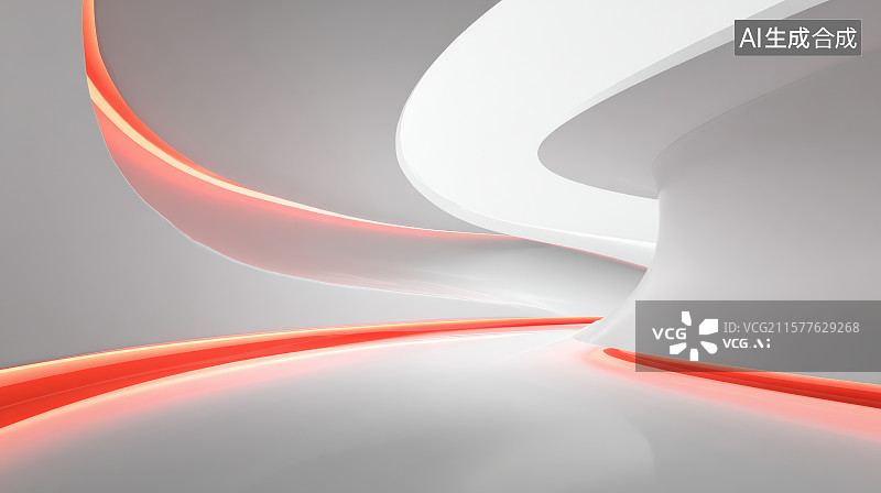 【AI数字艺术】白色曲线通道中嵌入红色灯带的未来感设计图片素材
