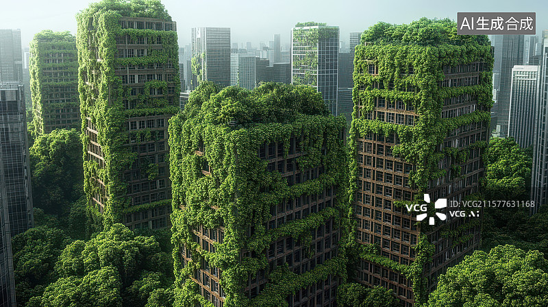 【AI数字艺术】绿植覆盖的现代建筑群图片素材