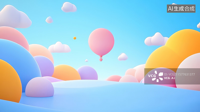【AI数字艺术】梦幻色彩气球漂浮在云朵之上图片素材