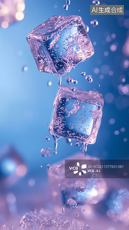 【AI数字艺术】夏天清凉透明冰块落水动态竖版小暑海报图片素材