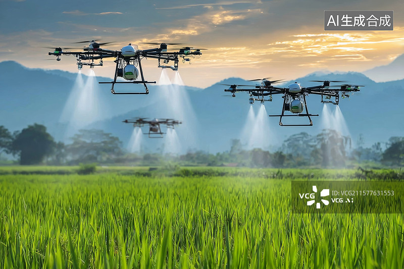 【AI数字艺术】低空经济概念插画农业无人机作业场景图片素材