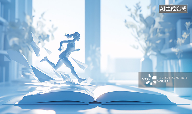 【AI数字艺术】女孩在书本上奔跑运动学习教育3D插画图片素材