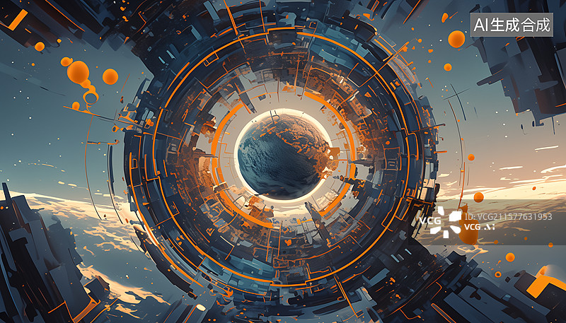 【AI数字艺术】能量圆环引擎推进器轨道粒子科幻三维图图片素材