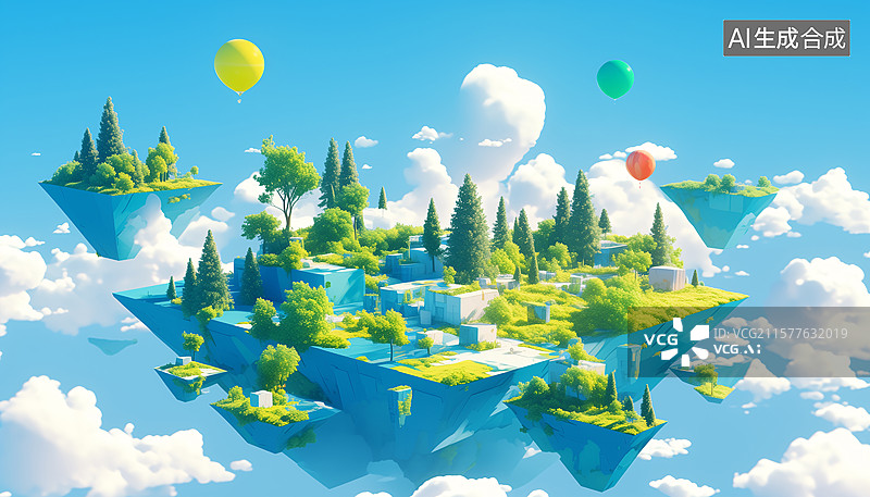 【AI数字艺术】悬浮小岛绿色树木气球云朵梦幻三维图图片素材