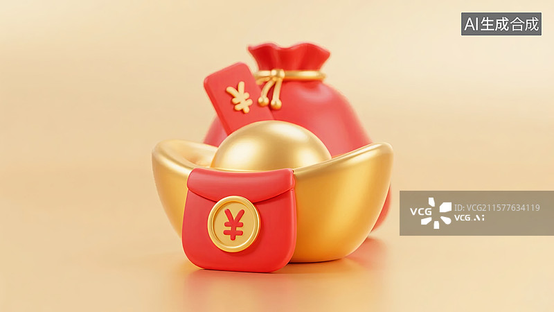 【AI数字艺术】金色元宝与红色钱袋的组合装饰图片素材