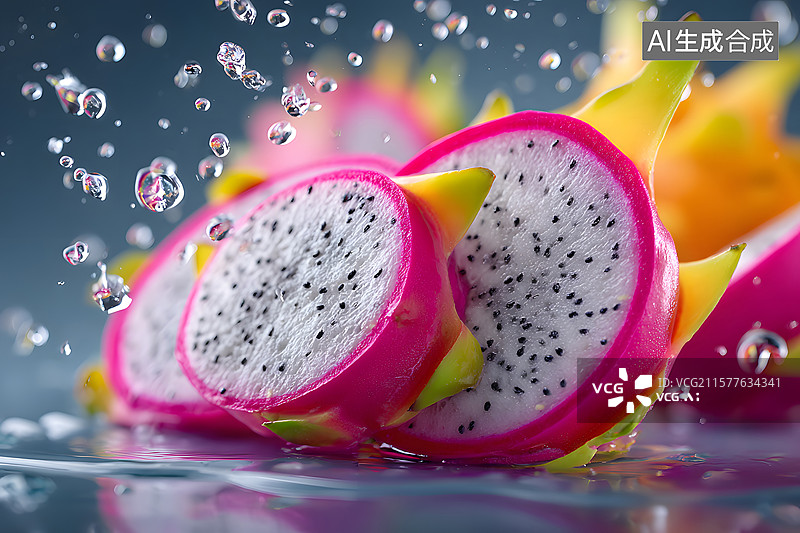 【AI数字艺术】切开的火龙果有水珠图片素材