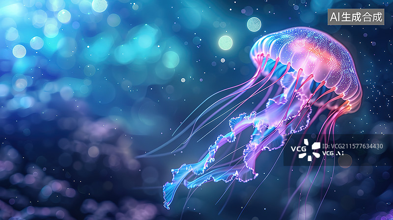 【AI数字艺术】深海蓝色背景下的蓝紫色荧光水母特写图片素材