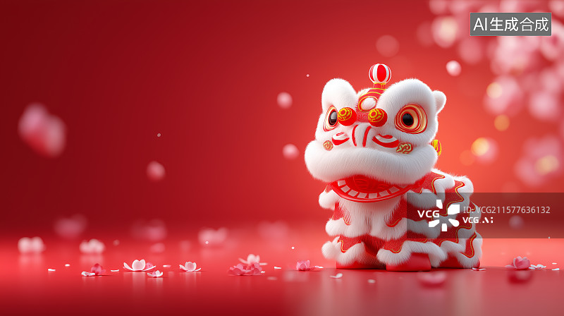 【AI数字艺术】春节主题红色极简背景——舞狮图片素材