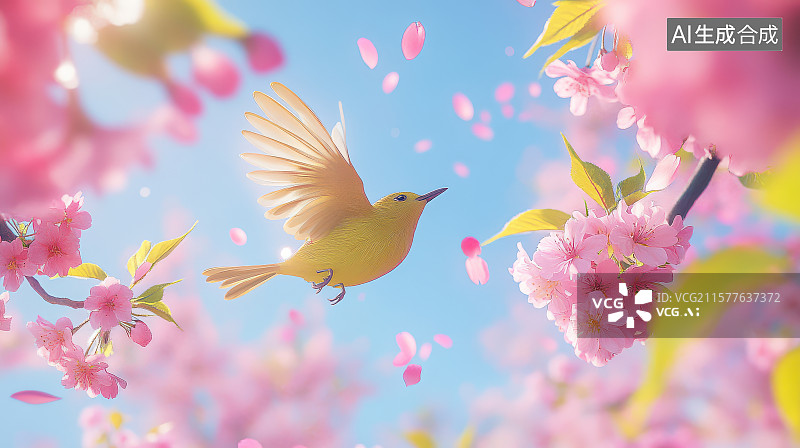 【AI数字艺术】​​春日飞鸟樱花烂漫风光图​​图片素材