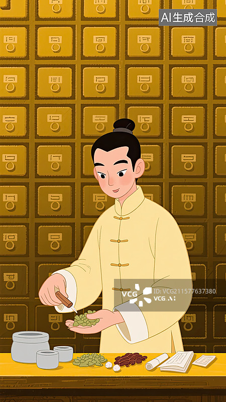 【AI数字艺术】中医，中药柜，抓药，中药，插画图片素材