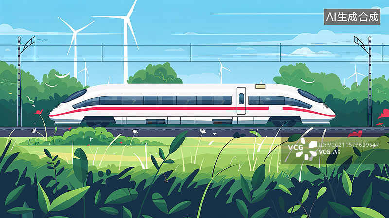 【AI数字艺术】行驶在山野间的高铁列车和风车图片素材
