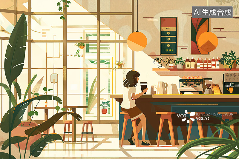 【AI数字艺术】坐在摆满绿植的小众咖啡馆里享受独处时光的城市女性图片素材