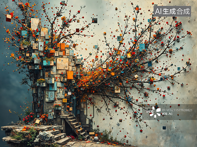 【AI数字艺术】城市树梢的奇幻景象图片素材