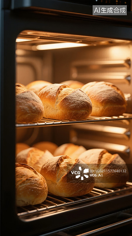 【AI数字艺术】烤箱中的金黄色面包图片素材