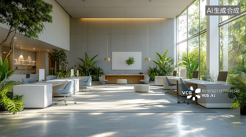 【AI数字艺术】浅灰色开放式公司简洁办公区室内装饰装修设计图片素材