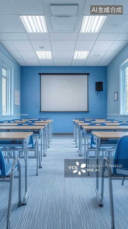 【AI数字艺术】浅蓝色调公司培训教室座椅投影幕布室内装饰装修设计图片素材