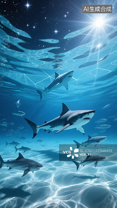 【AI数字艺术】深海鲨鱼群游动的壮观景象图片素材