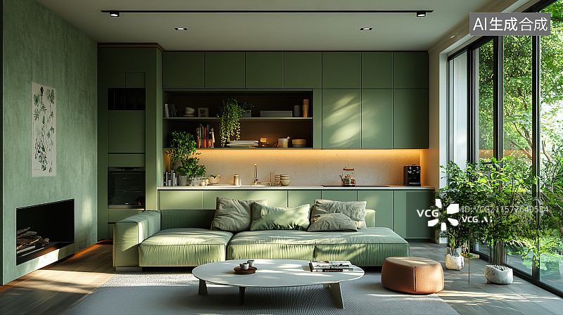 【AI数字艺术】公司商务茶水间绿色风格橱柜茶具装饰装修设计图片素材